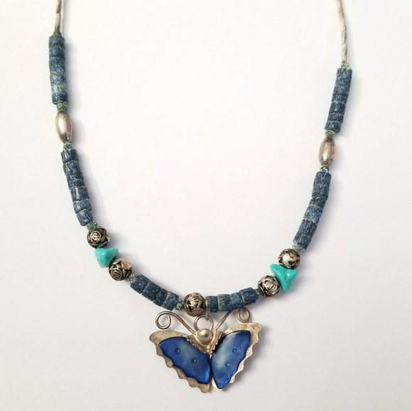 Relisted -Vintage butterfly necklace blue turquoise silver - Picture 3 of 12
